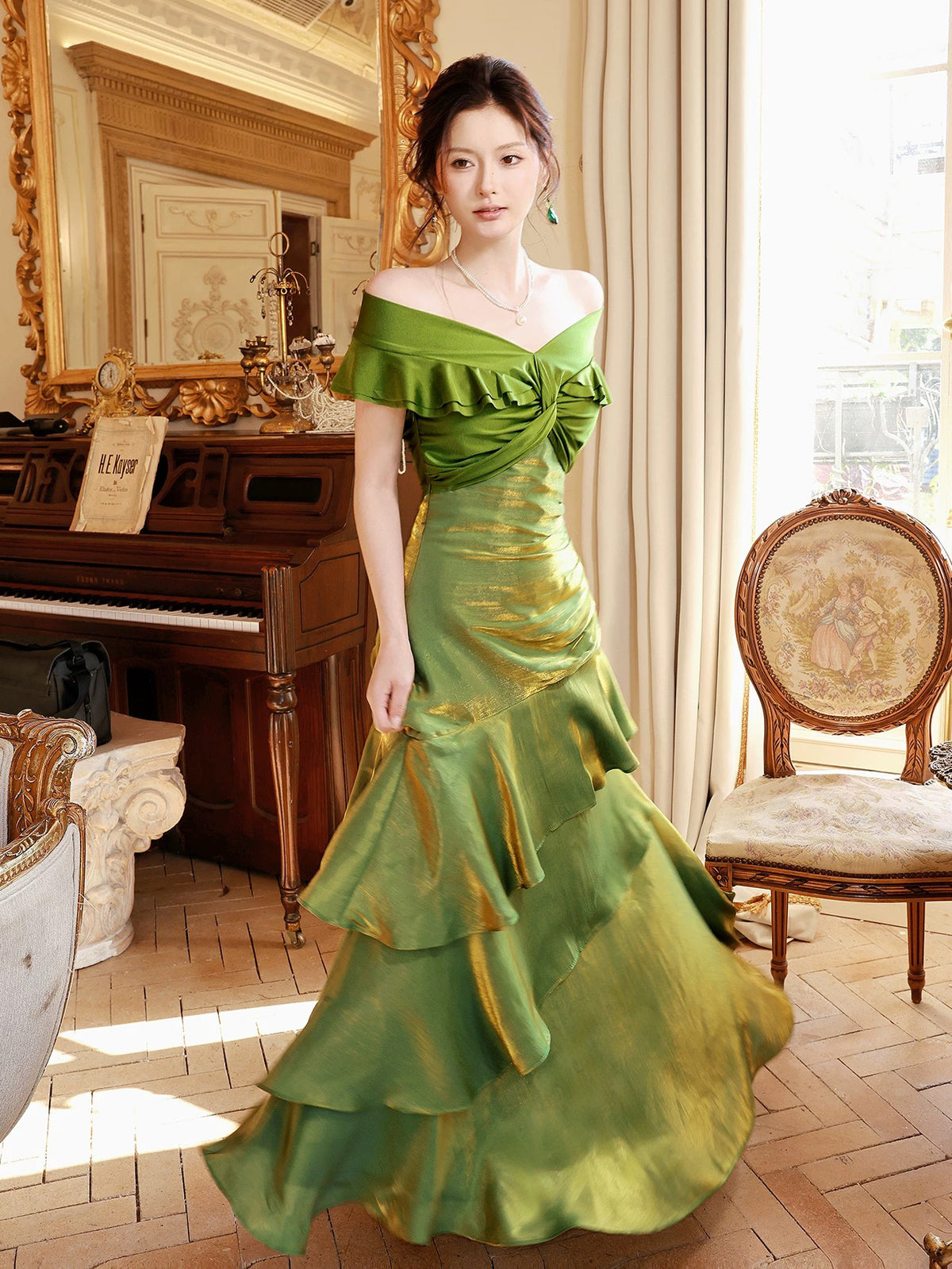 Mermaid Off Shoulder Silk Floor Length Green Prom Dress