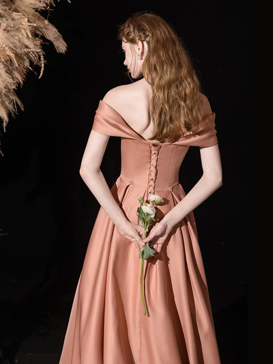 A-line Off Shoulder Satin Floor Length Pink Long Prom Dress