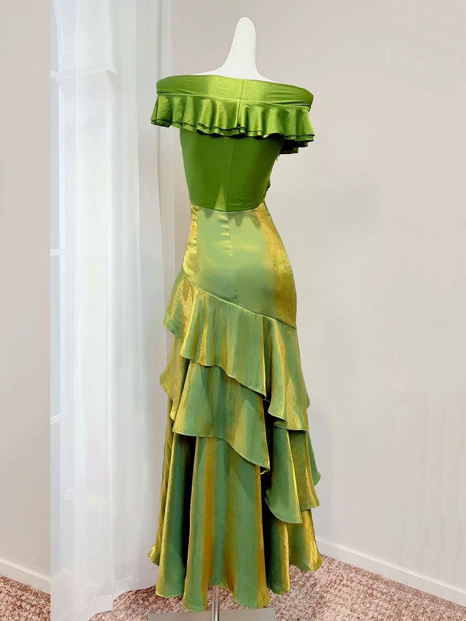 Mermaid Off Shoulder Silk Floor Length Green Prom Dress