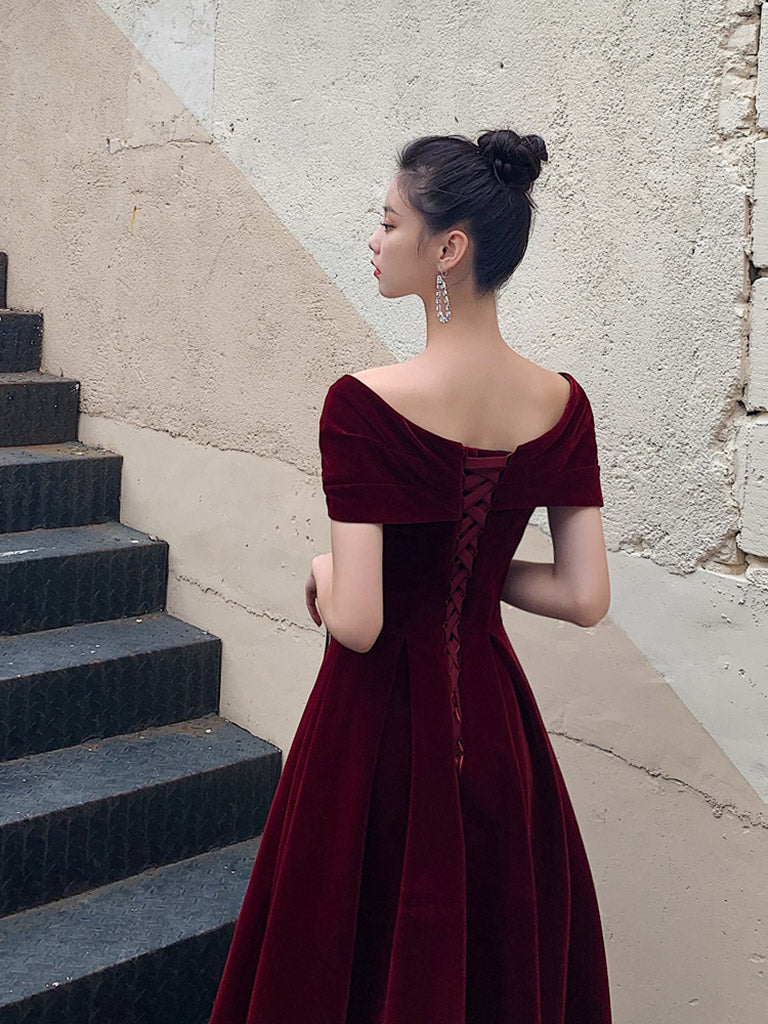 A-Line v Neck Off Shoulder Floor Length Velvet Burgundy Prom Dress