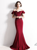 Burgundy Off Shoulder Satin Lace Long Prom Dress, Burgundy Evening Dresses