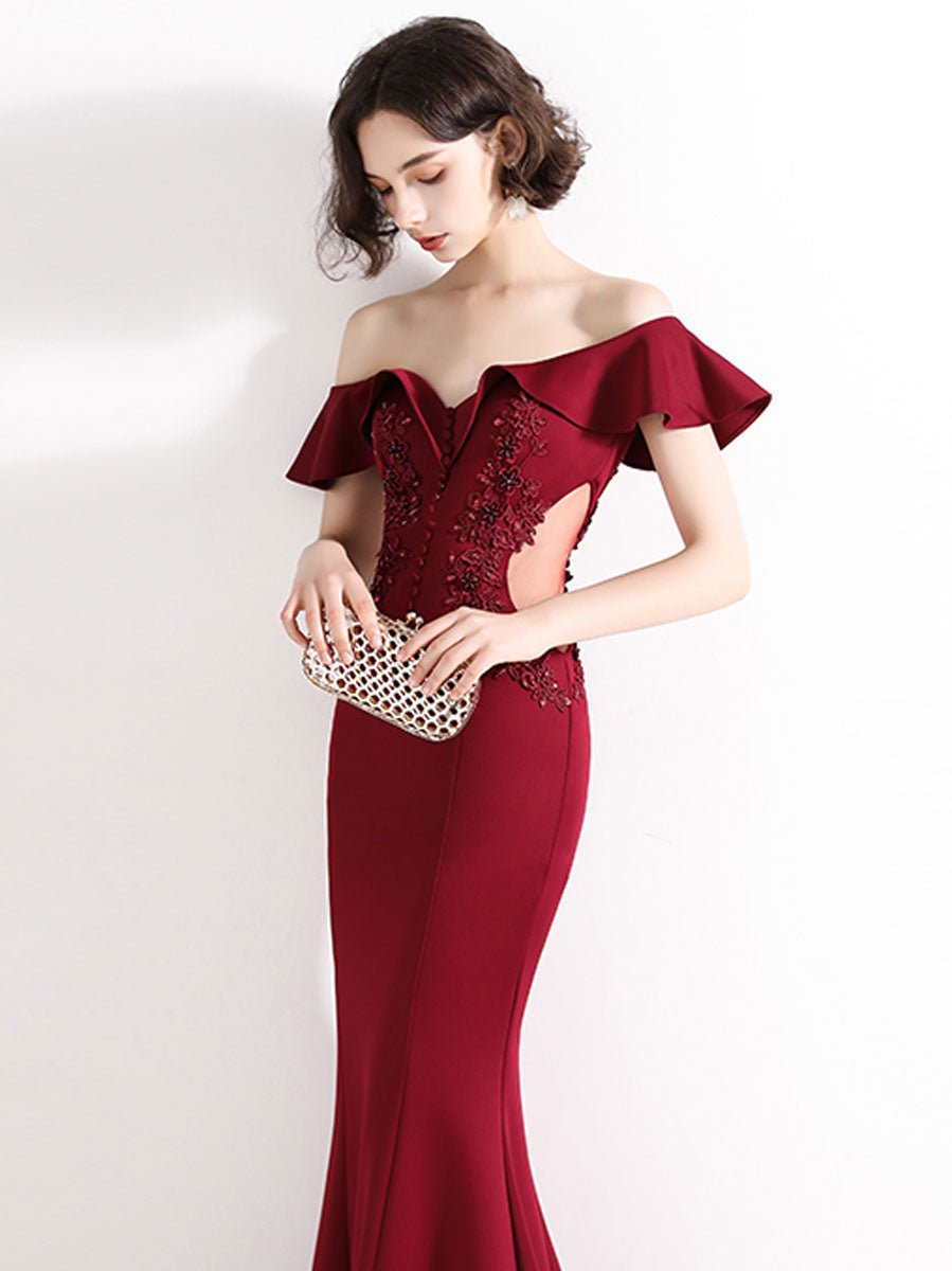 Burgundy Off Shoulder Satin Lace Long Prom Dress, Burgundy Evening Dresses