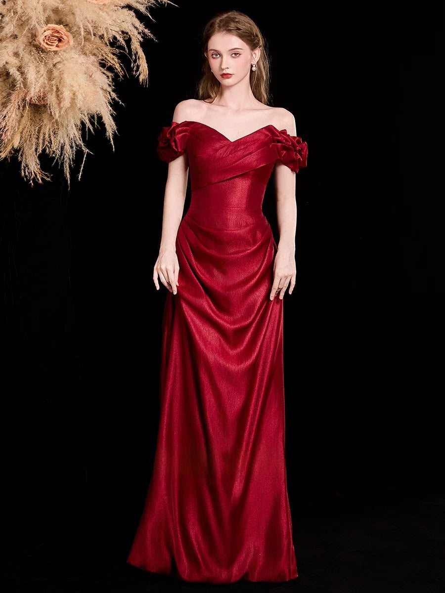 Sweetheart Off Shoulder A-line Burgundy Long Prom Dress