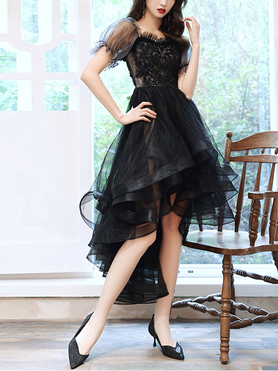 Black Sweetheart Tulle Lace High Low Prom Dress, Black Homecoming Dress
