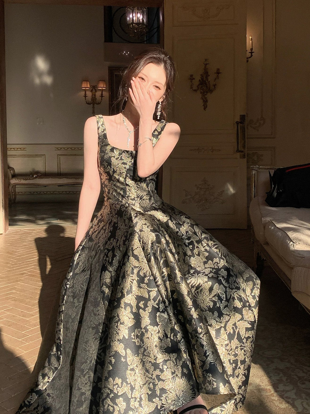 A-Line Floor Length Printed Satin Black Prom Dress