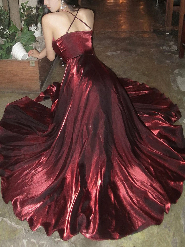 A-line V Neck Floor Length Burgundy Party Prom Dress