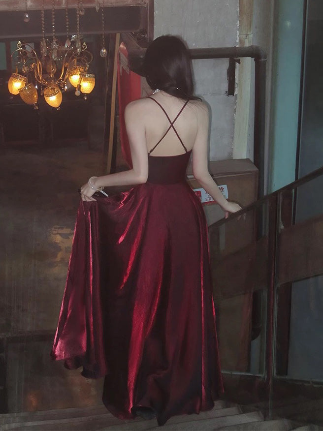 A-line V Neck Floor Length Burgundy Party Prom Dress