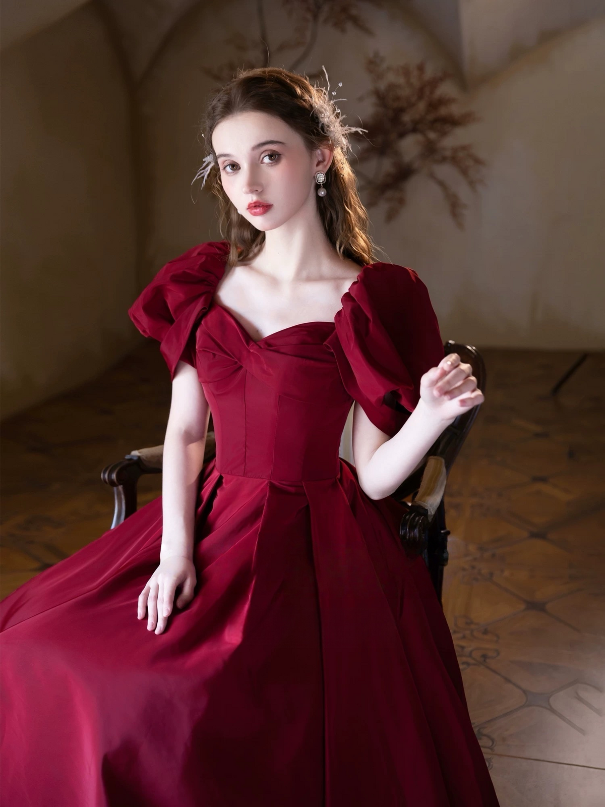 A-Line Puff Sleeves Satin Burgundy Long prom Dress, Burgundy Long Formal Dress