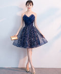 Dark Blue V Neck Tulle Sequin Short Prom Dress, Blue Homecoming Dress