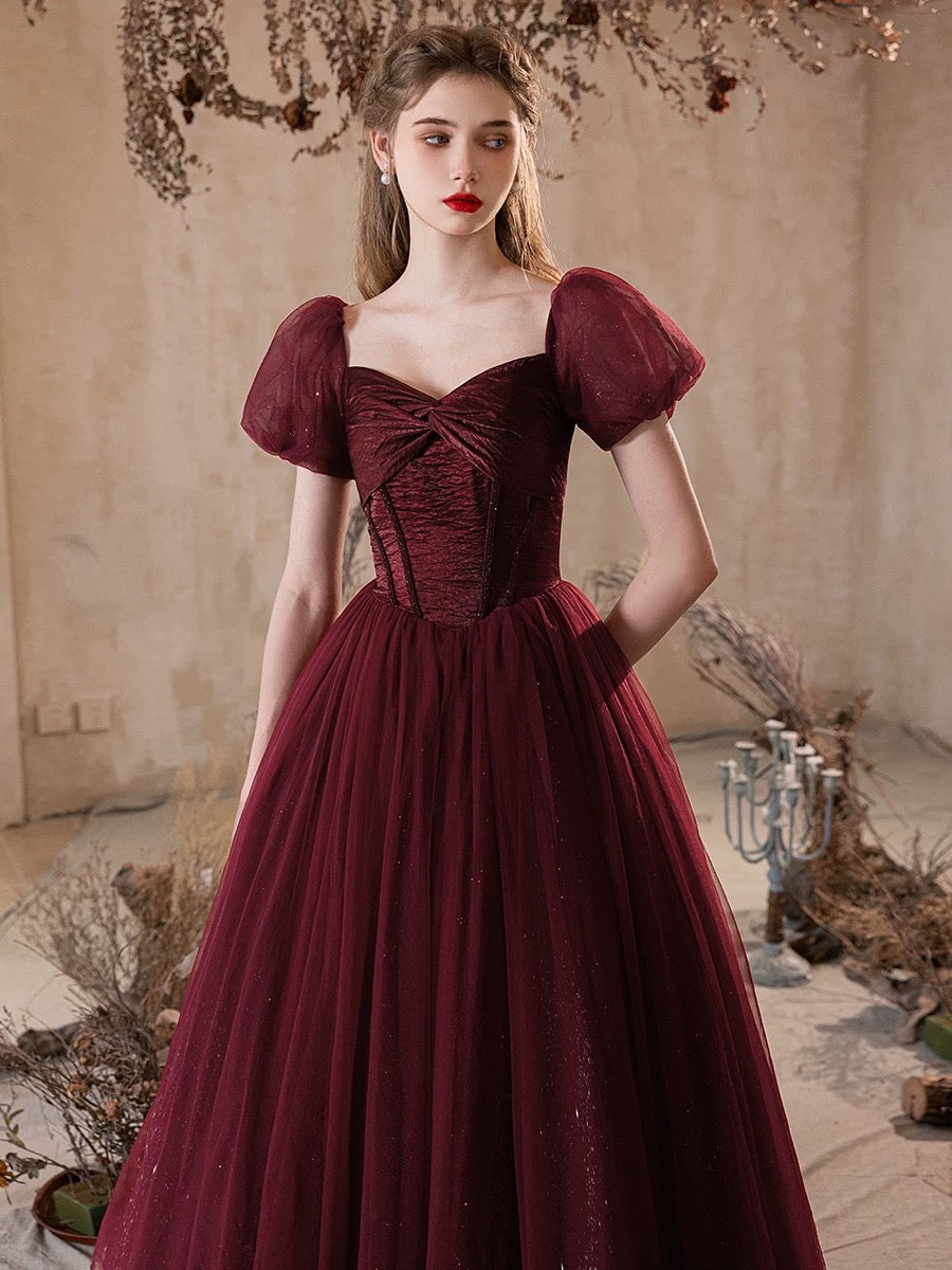 A-Line Puff Sleeves Tulle Burgundy Long Prom Dress, Burgundy Long Formal Dress