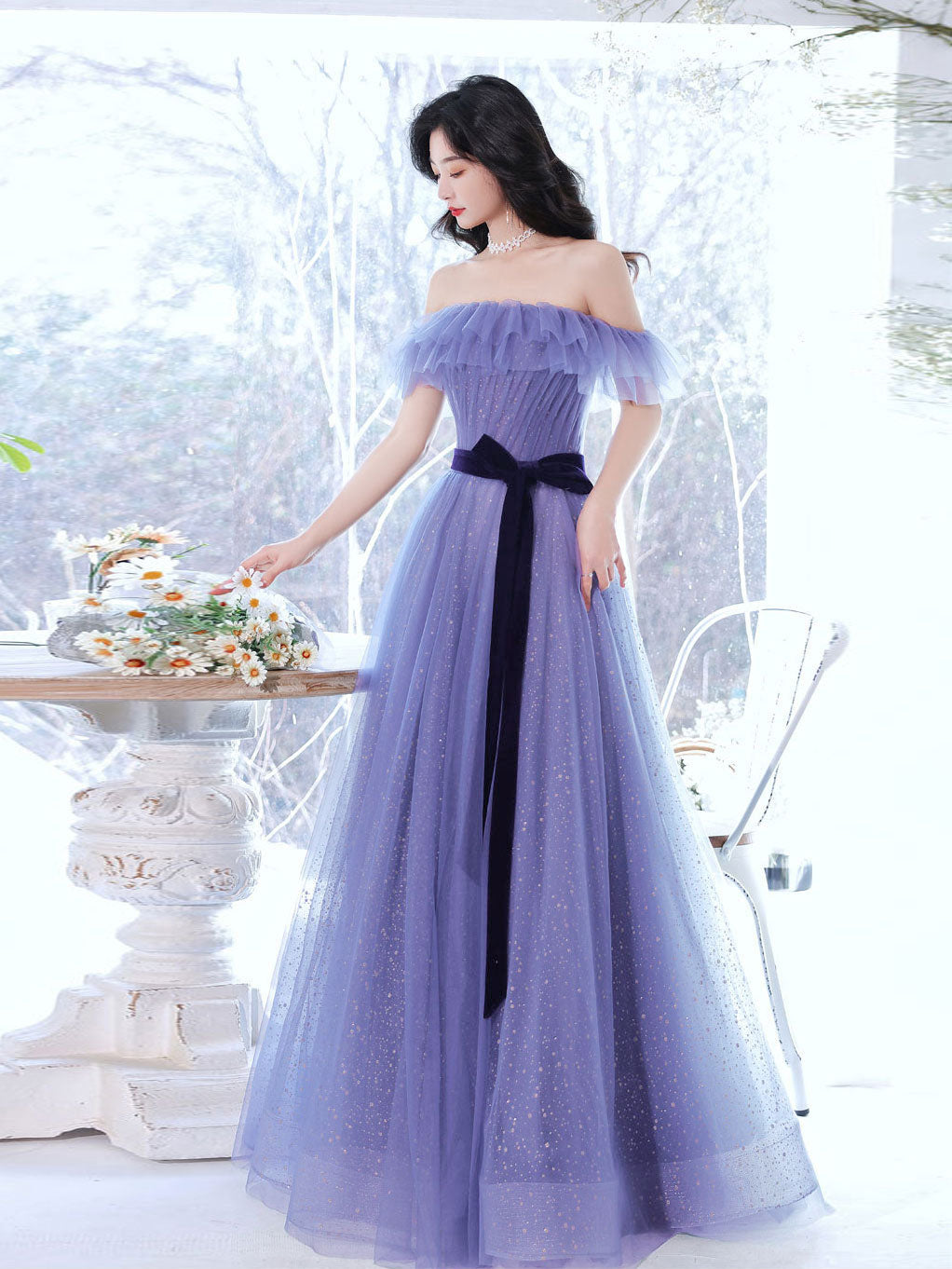 Purple A line Tulle Long Prom Dresses, Off Shoulder Formal Gown Graduation Dresses