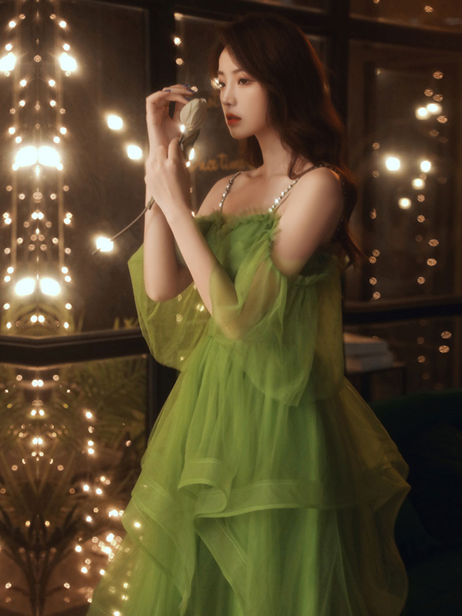 Green Sweetheart Neck Green Tulle Prom Dress, Puffy Green Homecoming Dress