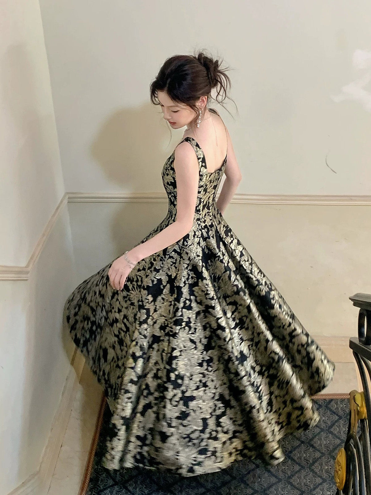 A-Line Floor Length Printed Satin Black Prom Dress