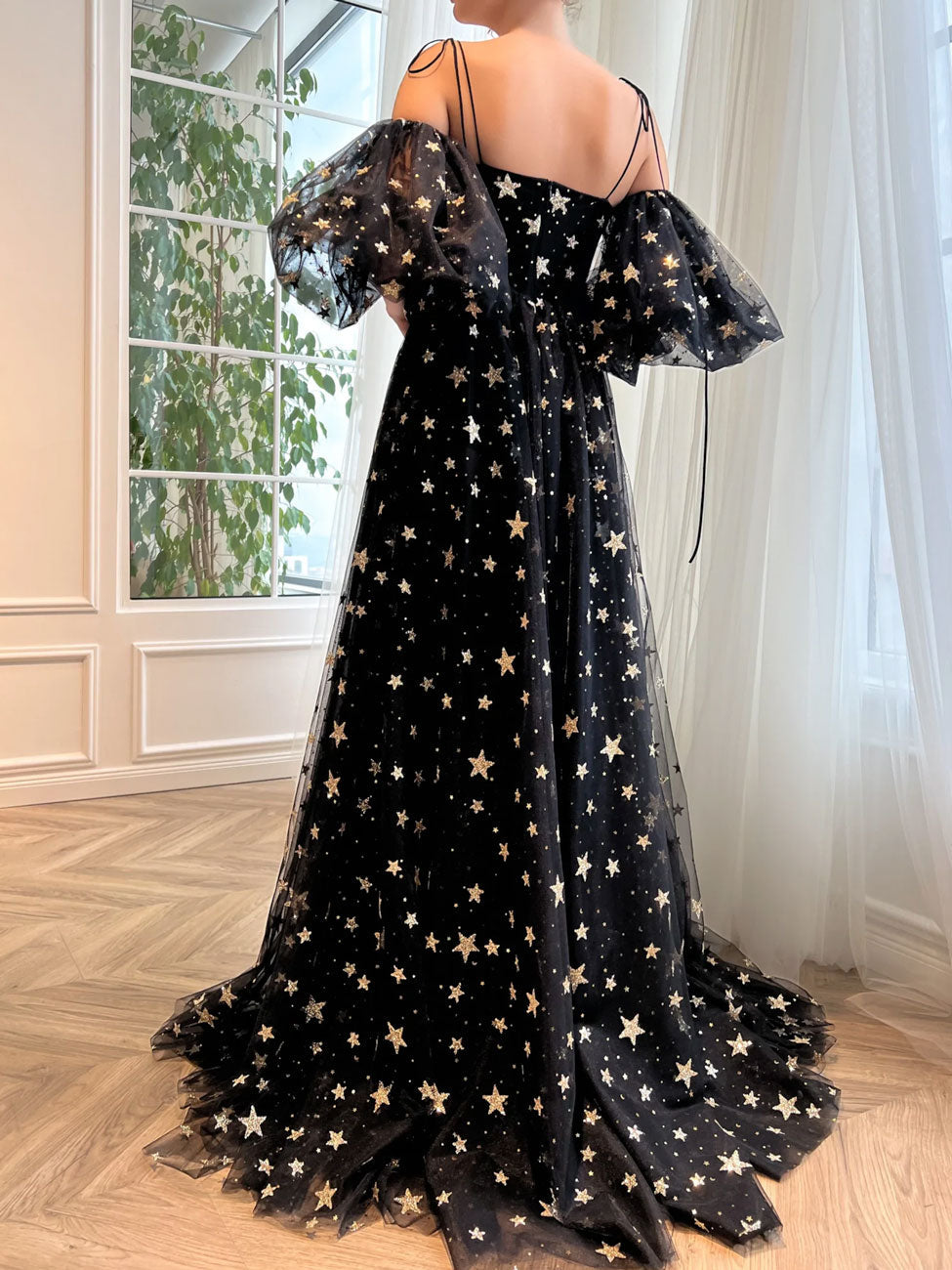 A-Line Puff Sleeves Tulle Black Long Prom Dress, Black Long Formal Dress