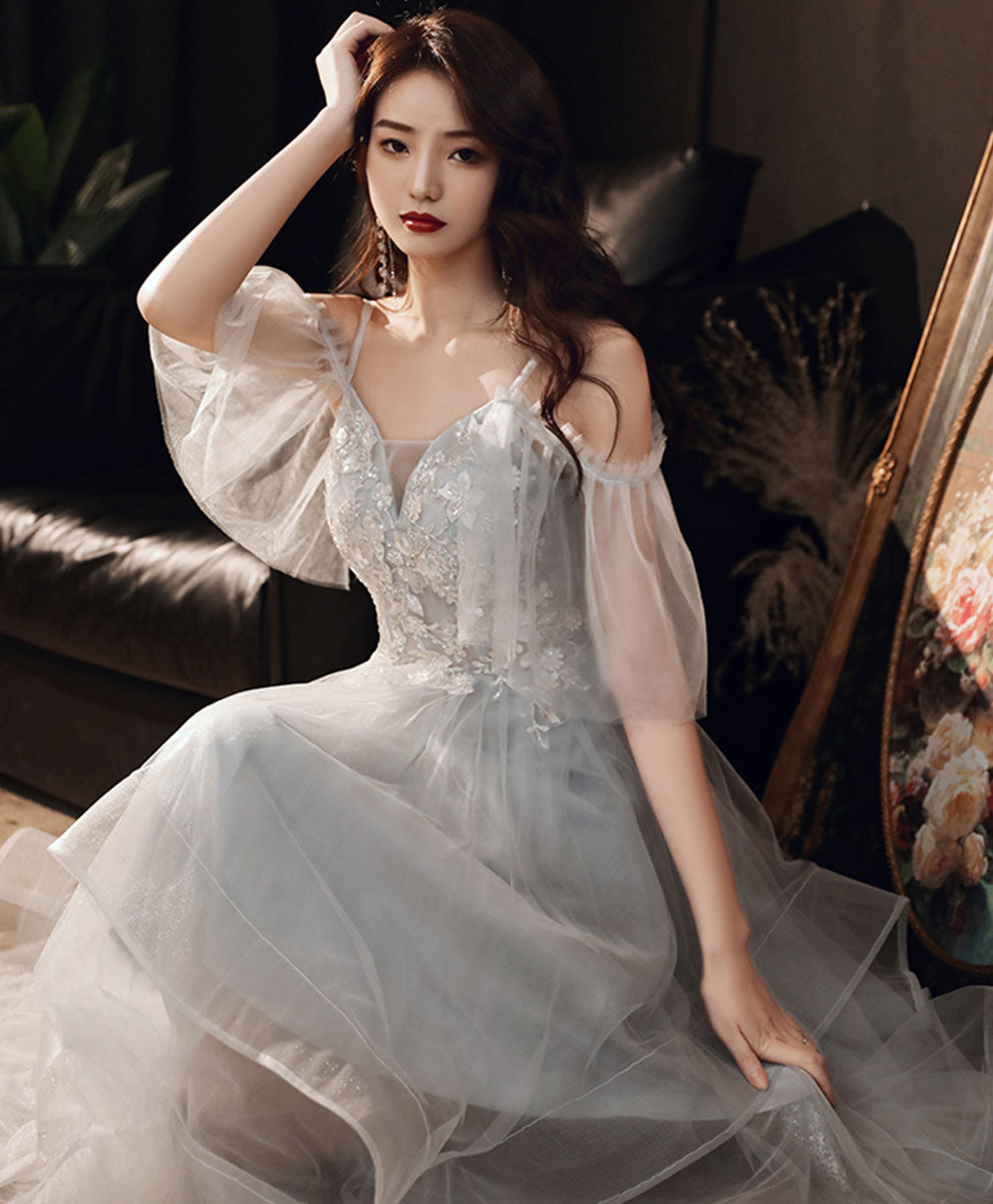 Gray Sweetheart Tulle Lace Short Prom Dress Gray Homecoming Dress