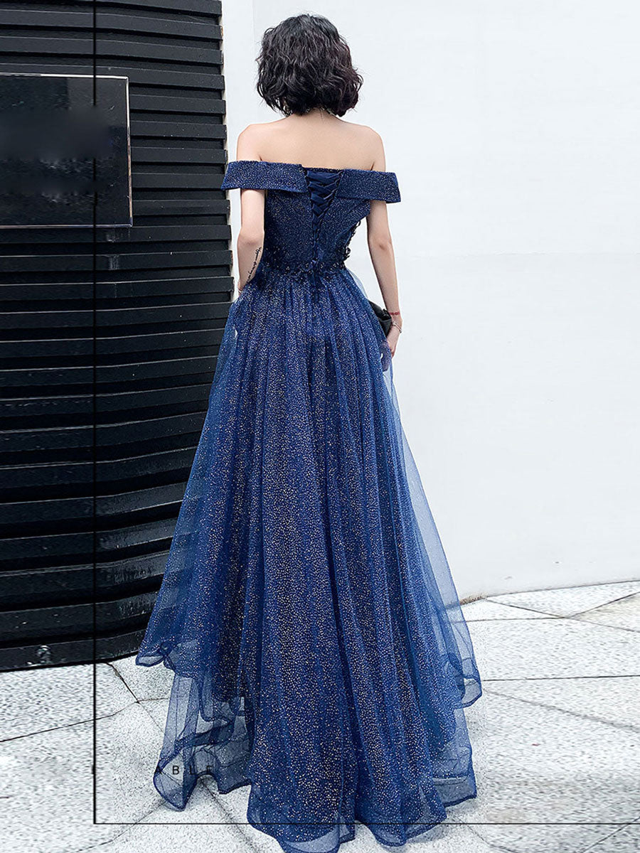 Dark Blue Tulle Long Prom Dress, A-Line Tulle Off Shoulder Blue Wedding Party Dresses