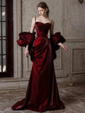 Mermaid Sweetheart Sweep Train Satin Puff sleeves Burgundy Prom Dress