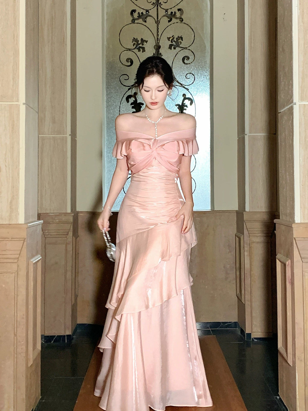 Mermaid Sweetheart Ruffles Silk Pink Long Prom Dress, Pink Party Dress