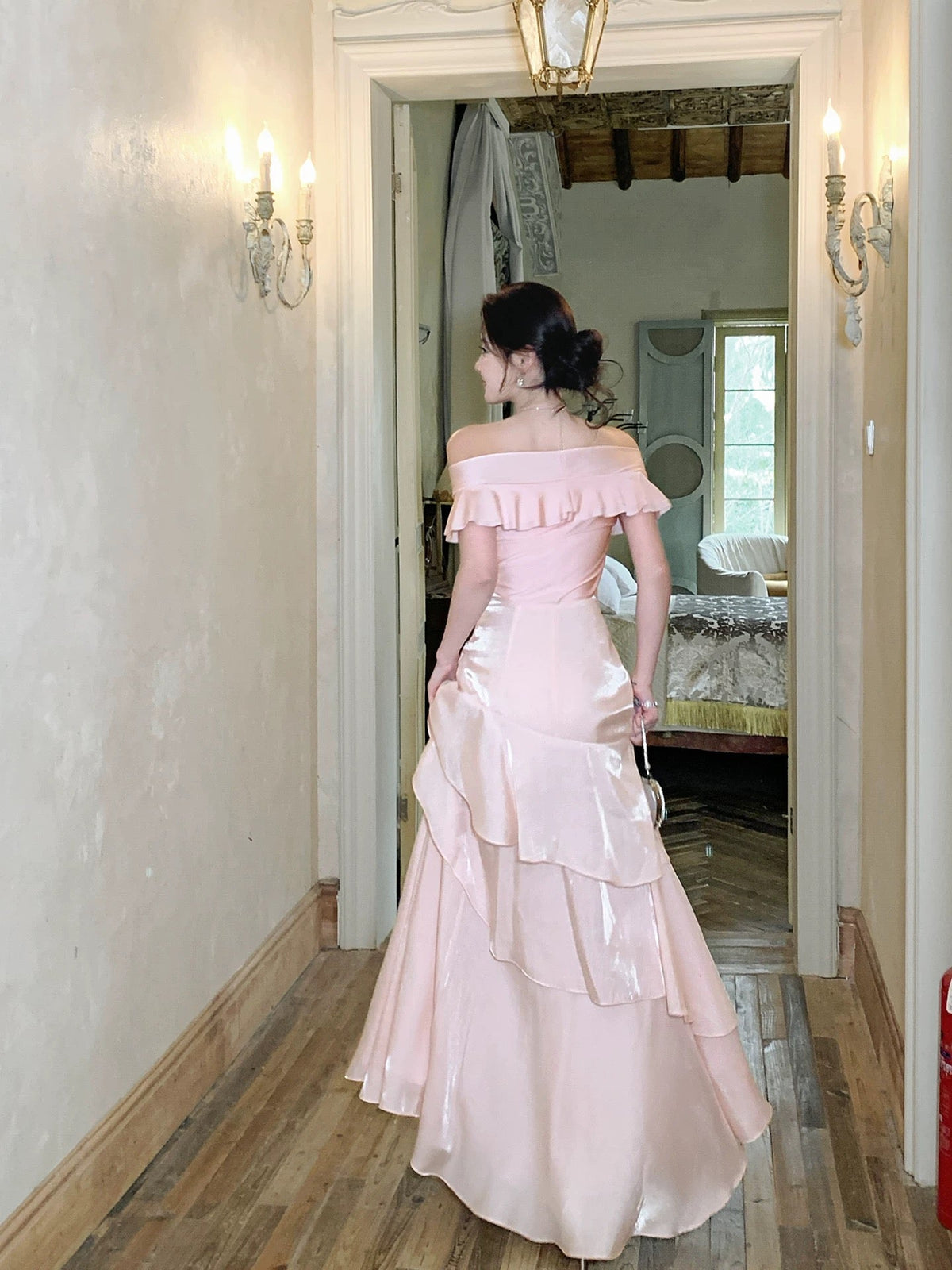 Mermaid Sweetheart Ruffles Silk Pink Long Prom Dress, Pink Party Dress