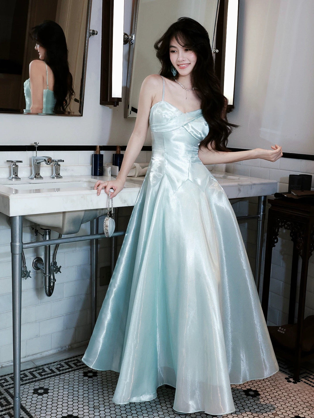 A-Line Sweetheart Neck Floor Length Blue Prom Dress