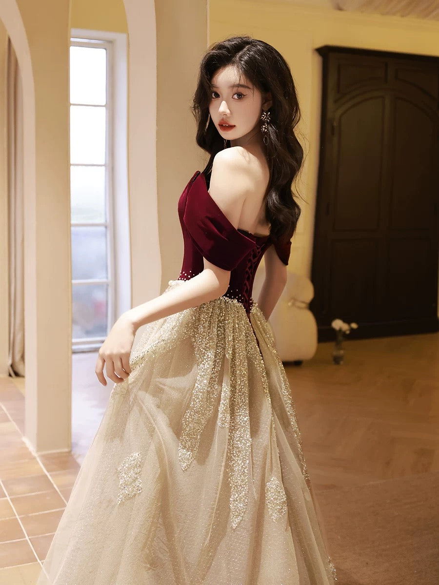 A-Line Off Shoulder Floor Length Velvet Tulle Long Prom Dress With Sequin