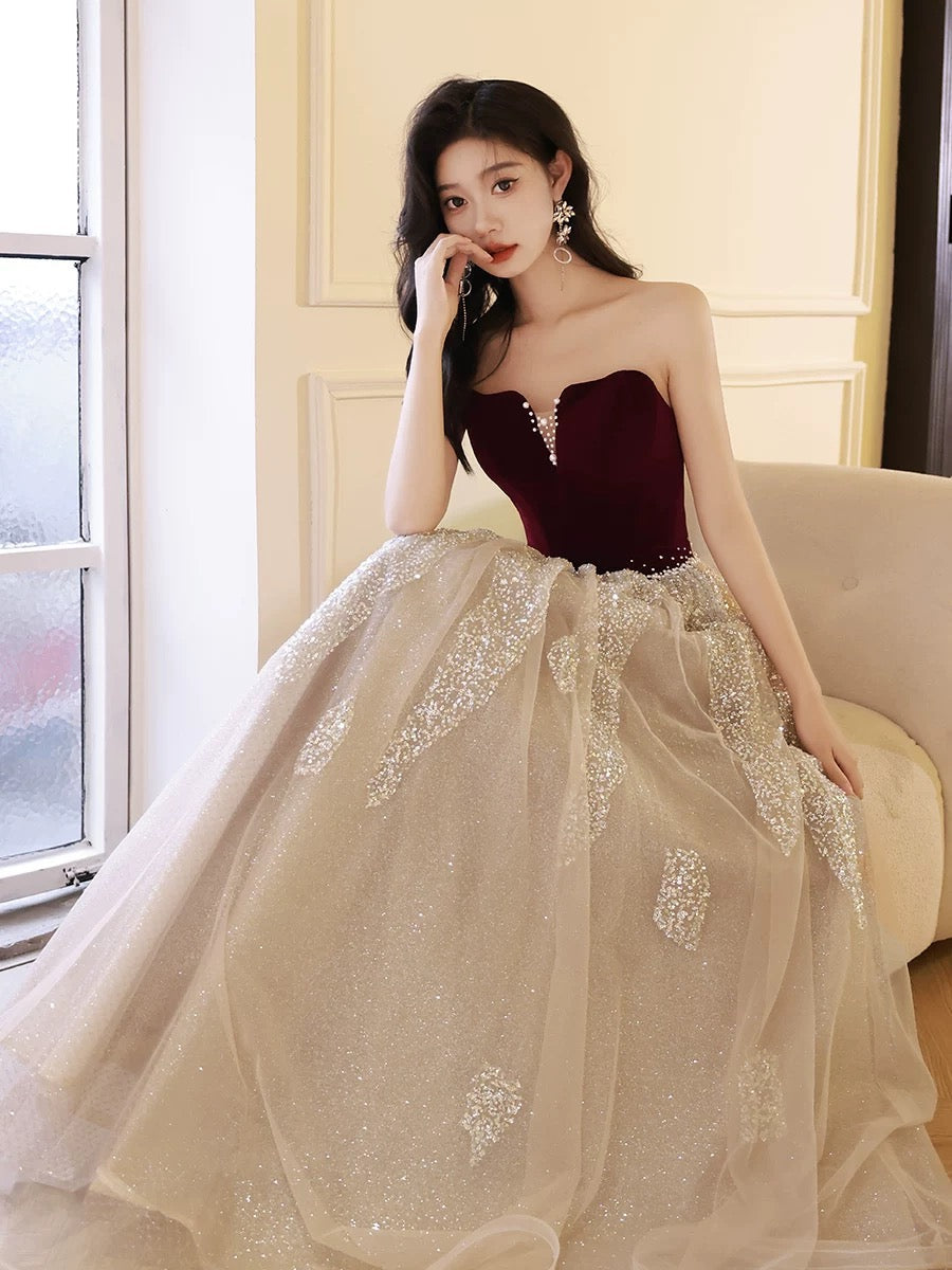 A-Line Off Shoulder Floor Length Velvet Tulle Long Prom Dress With Sequin