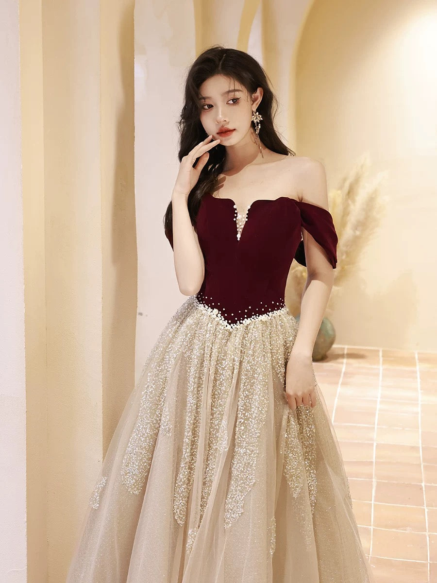 A-Line Off Shoulder Floor Length Velvet Tulle Long Prom Dress With Sequin