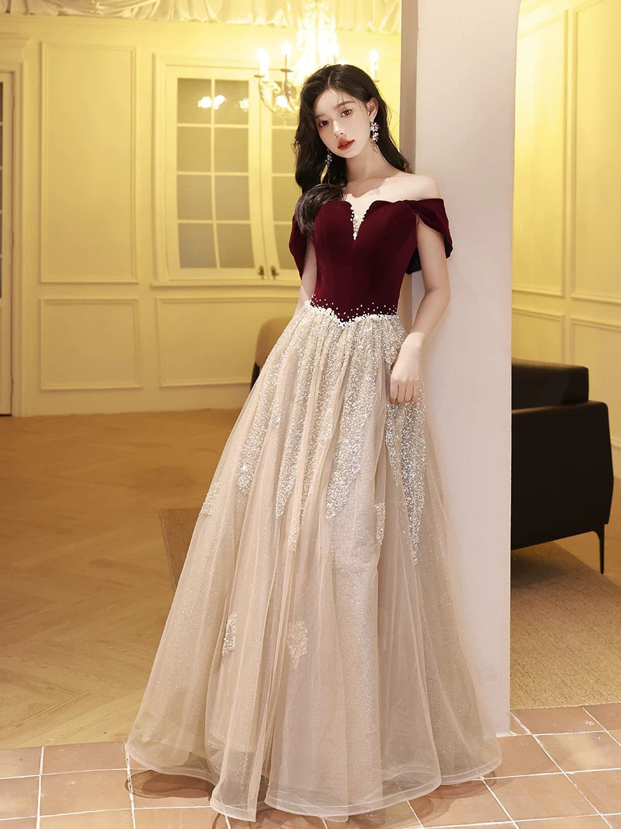 A-Line Off Shoulder Floor Length Velvet Tulle Long Prom Dress With Sequin