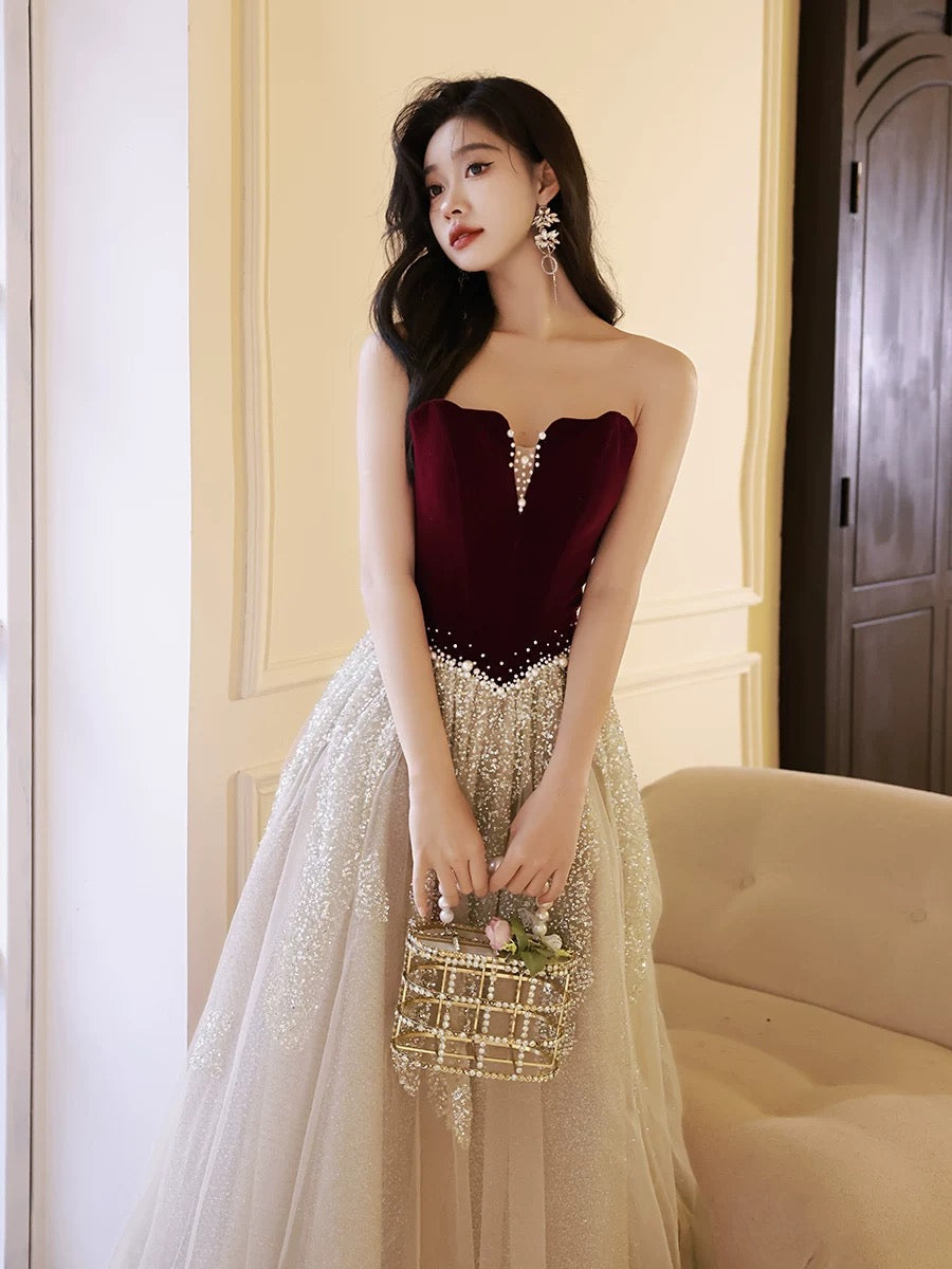 A-Line Off Shoulder Floor Length Velvet Tulle Long Prom Dress With Sequin