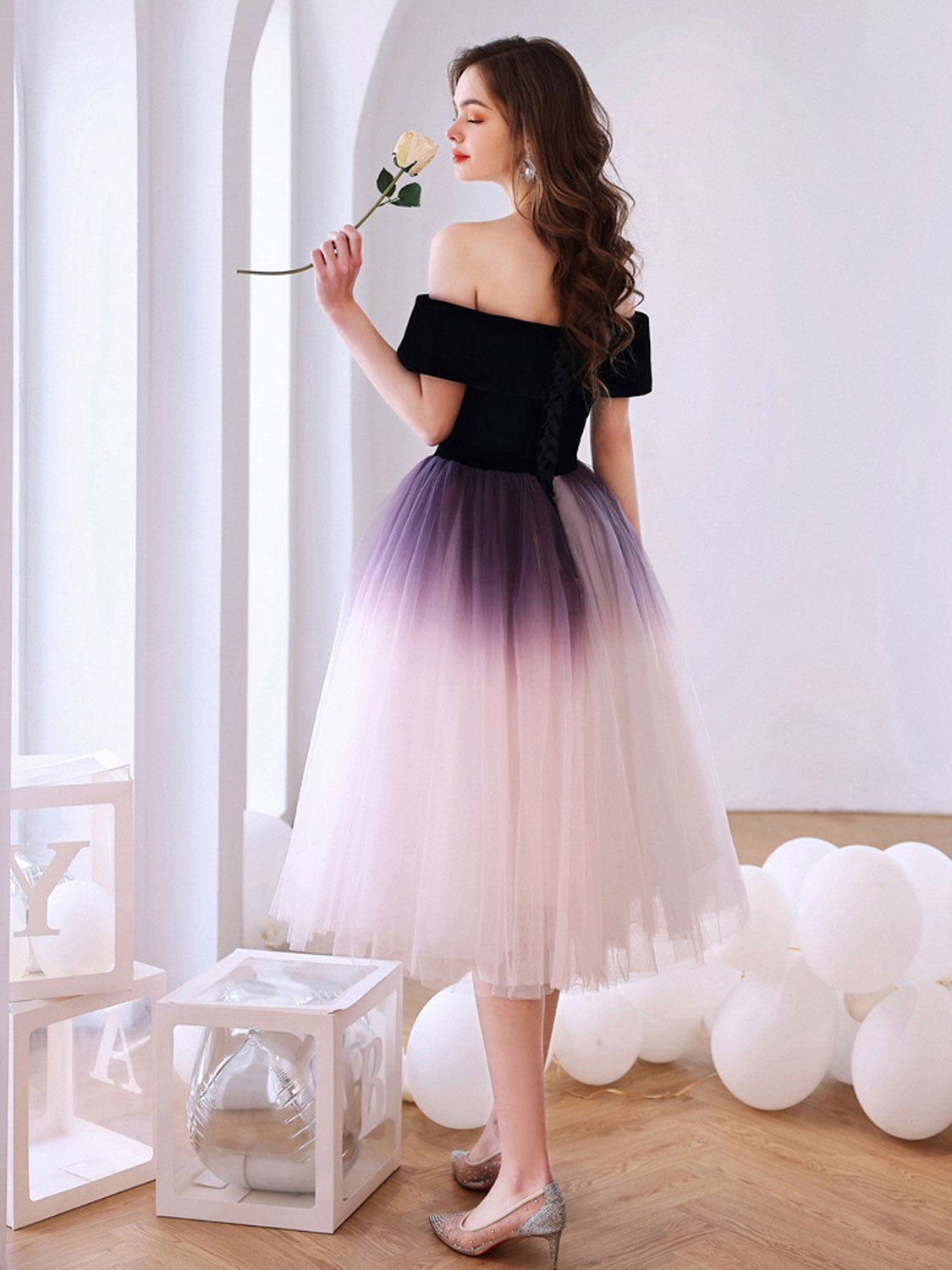 Purple Off Shoulder Tulle Short Puffy Prom Dresses, Puffy Purple Homecoming Dresses