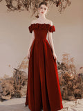 A-Line Off Shoulder Velvet Burgundy Long Prom Dress, Burgundy Evening Dresses