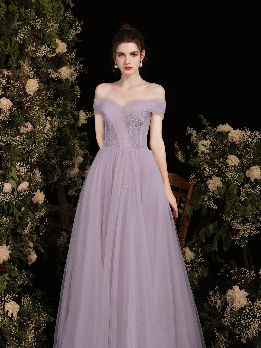 Purple Tulle Sequin Long Prom Dress, Purple Tulle Formal Dress
