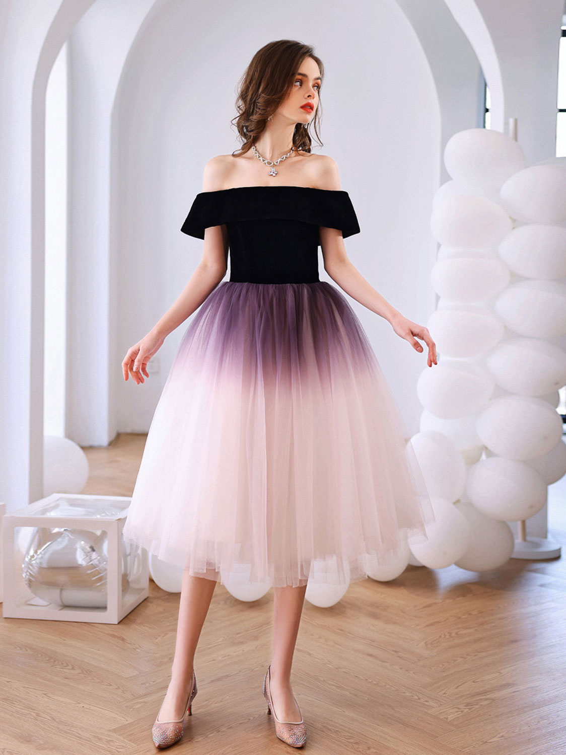 Purple Off Shoulder Tulle Short Puffy Prom Dresses, Puffy Purple Homecoming Dresses