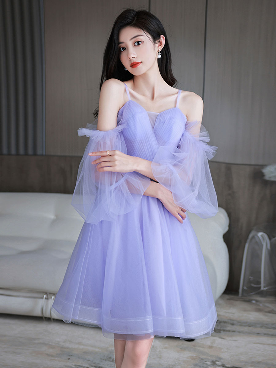 Purple Sweetheart Neck Tulle Short Prom Dress, Puffy Purple Homecoming Dresses