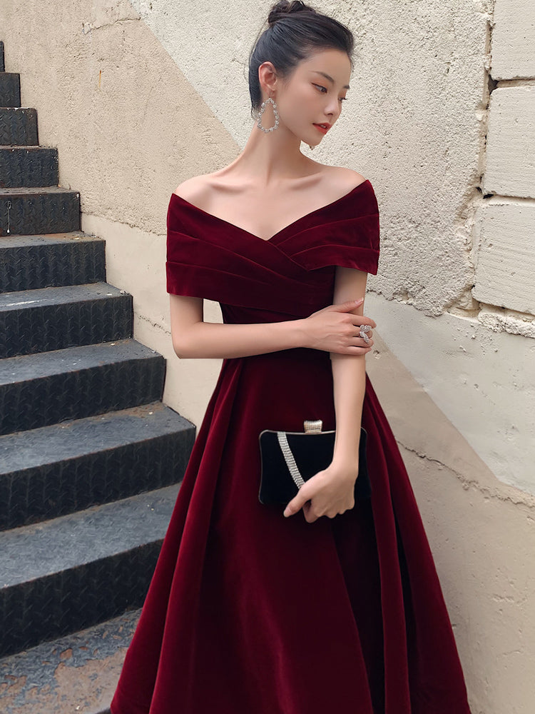 A-Line v Neck Off Shoulder Floor Length Velvet Burgundy Prom Dress