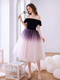 Purple Off Shoulder Tulle Short Puffy Prom Dresses, Puffy Purple Homecoming Dresses