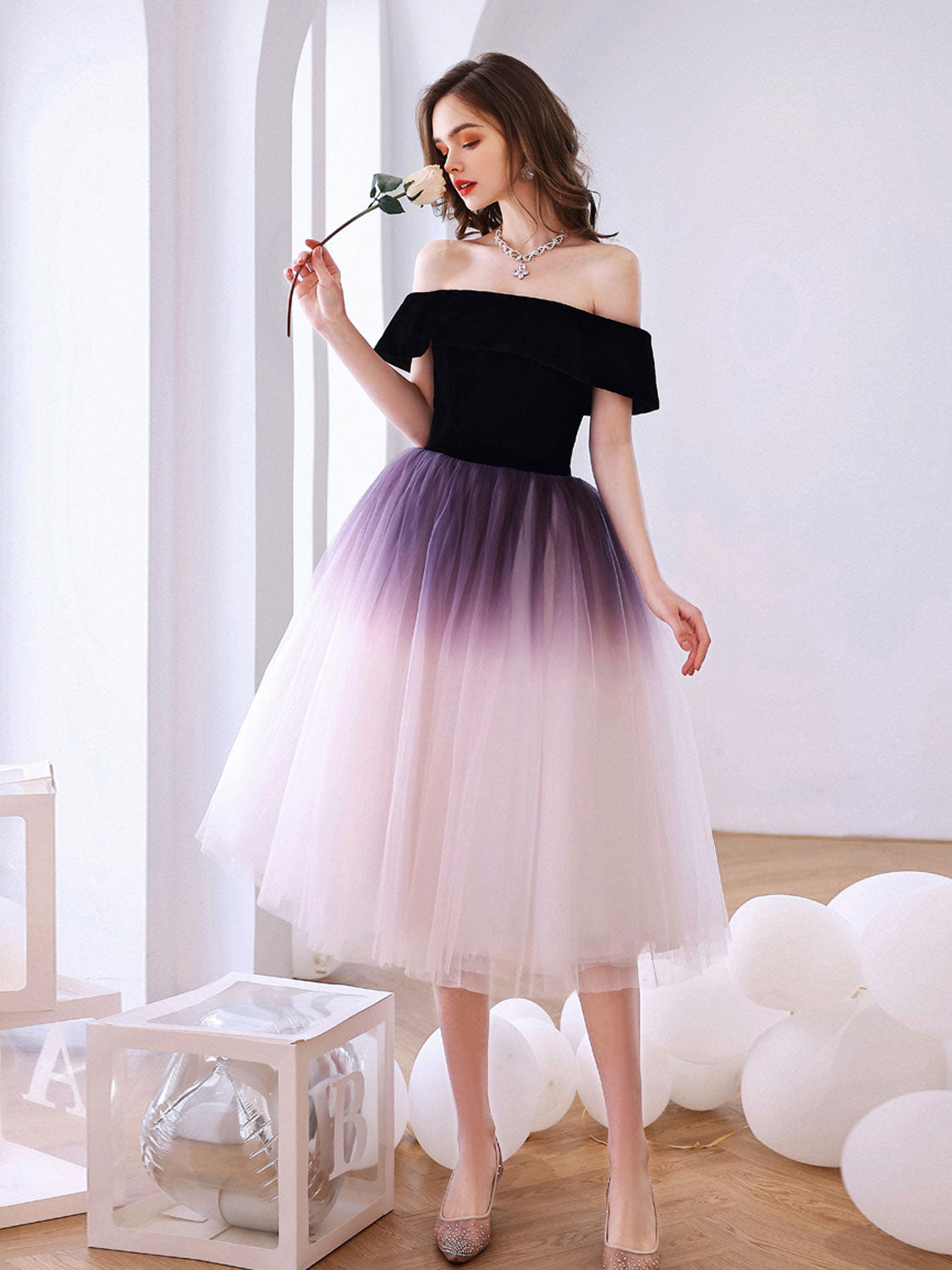Purple Off Shoulder Tulle Short Puffy Prom Dresses, Puffy Purple Homecoming Dresses