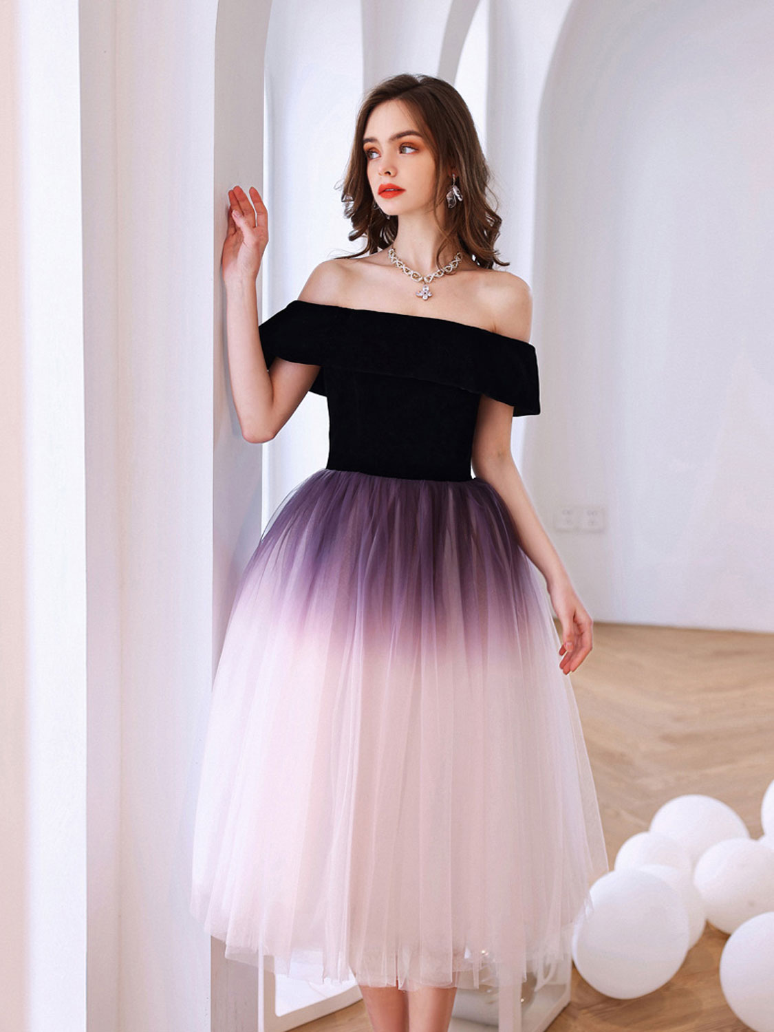 Purple Off Shoulder Tulle Short Puffy Prom Dresses, Puffy Purple Homecoming Dresses