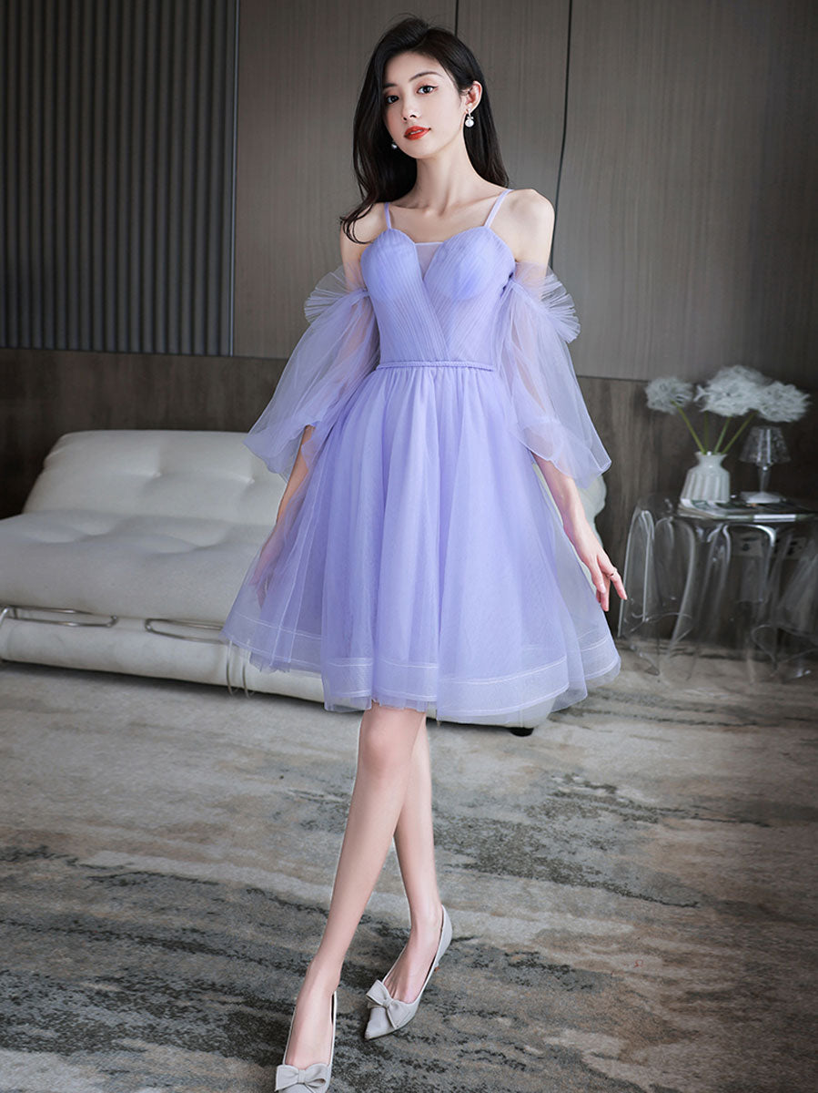 Purple Sweetheart Neck Tulle Short Prom Dress, Puffy Purple Homecoming Dresses