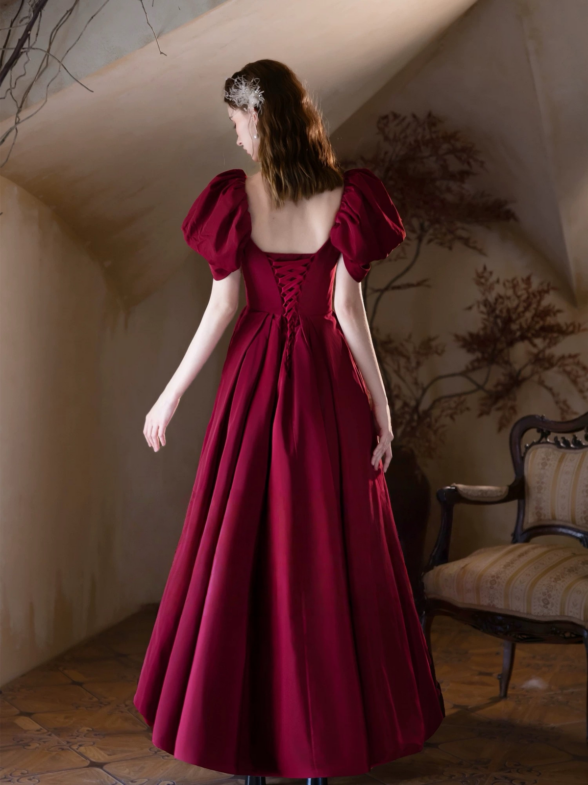 A-Line Puff Sleeves Satin Burgundy Long prom Dress, Burgundy Long Formal Dress