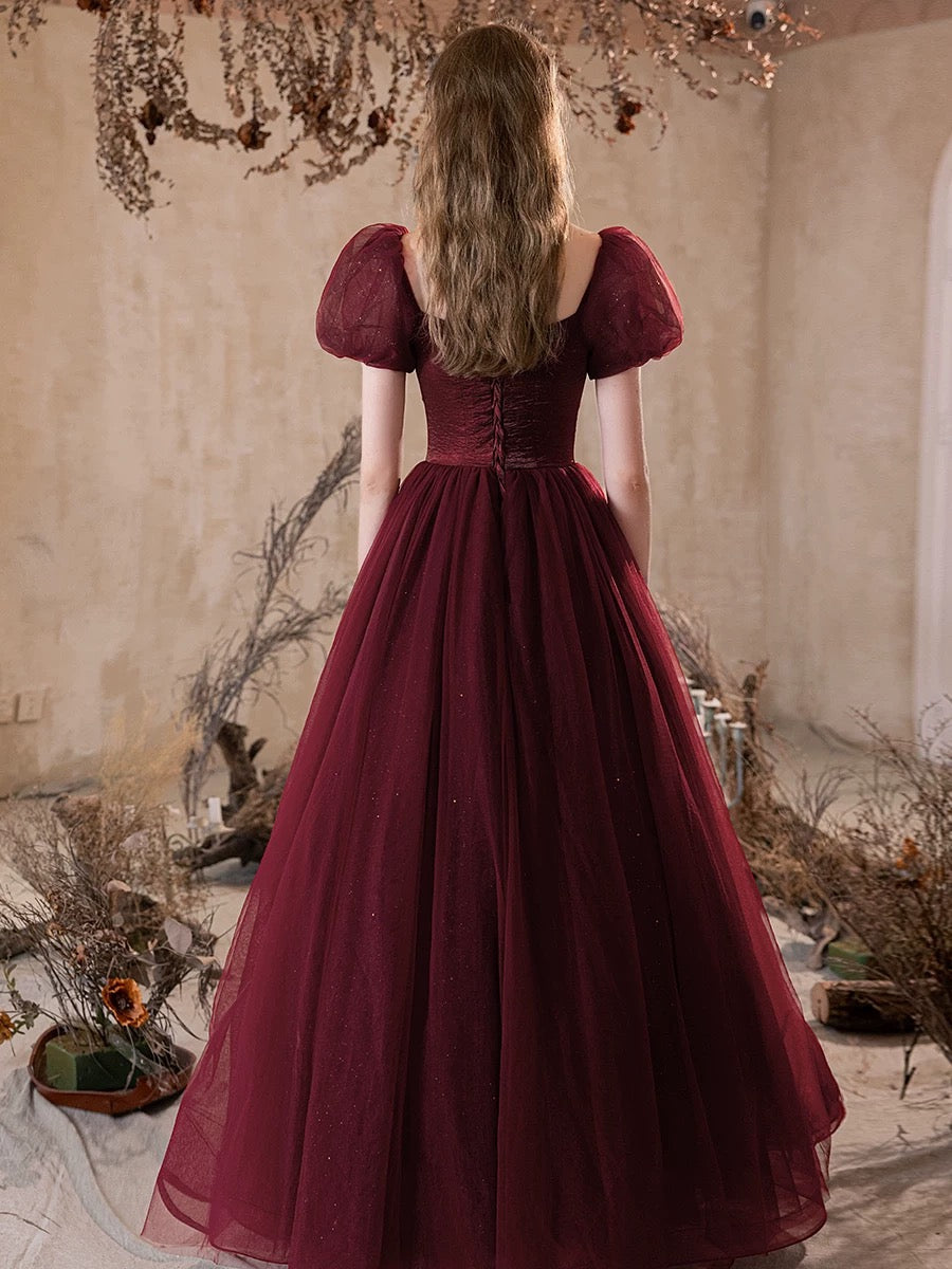 A-Line Puff Sleeves Tulle Burgundy Long Prom Dress, Burgundy Long Formal Dress