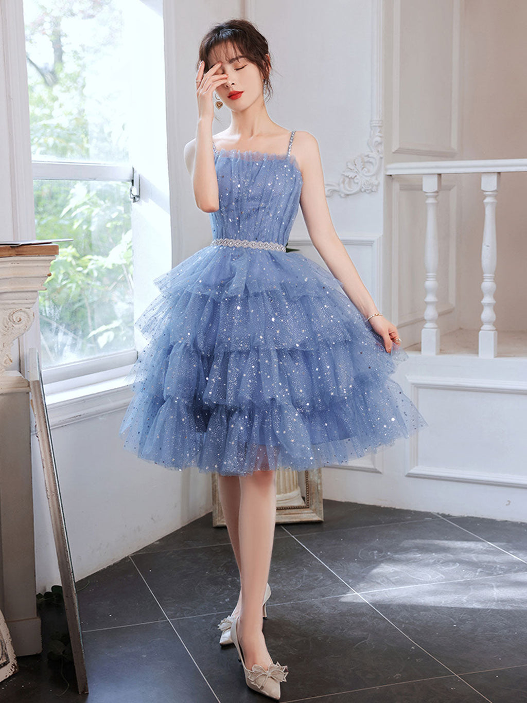Short Puffy Blue Prom Dress, Tulle Short Blue Puffy Homecoming Dress