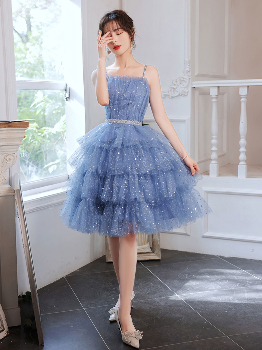 Short Puffy Blue Prom Dress, Tulle Short Blue Puffy Homecoming Dress
