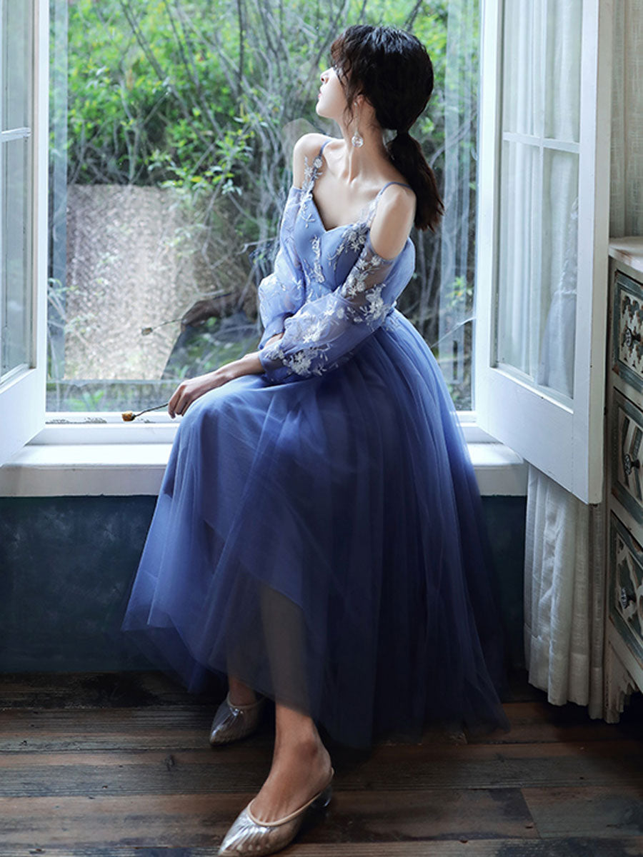 Blue Tulle Long Sleeves Short Prom Dress, Blue Short Homecoming Dresses