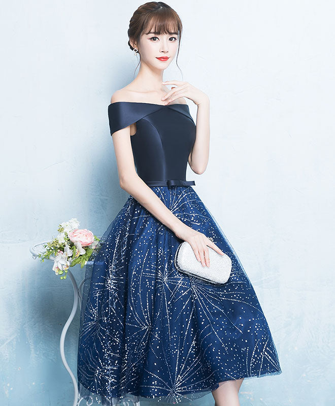 Blue A Line Off Shoulder Short Prom Dress, Homecoming Dress