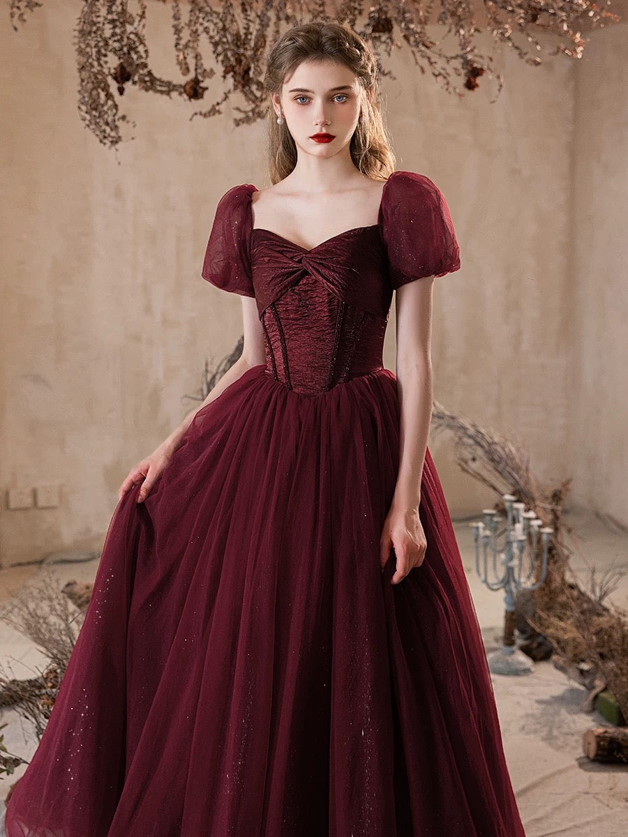 A-Line Puff Sleeves Tulle Burgundy Long Prom Dress, Burgundy Long Formal Dress