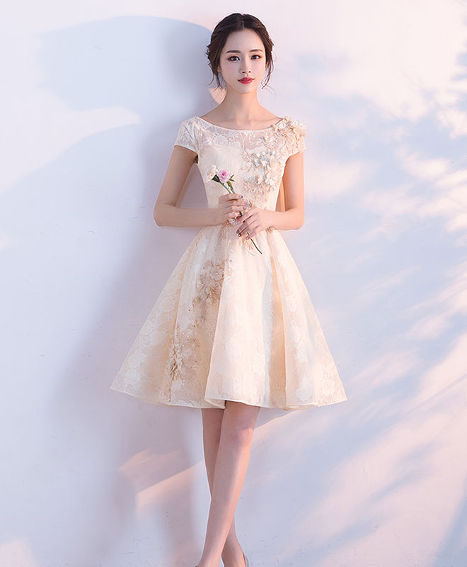 Champagne A-Line Tulle Lace Short Prom Dresses, Champagne Homecoming Dresses