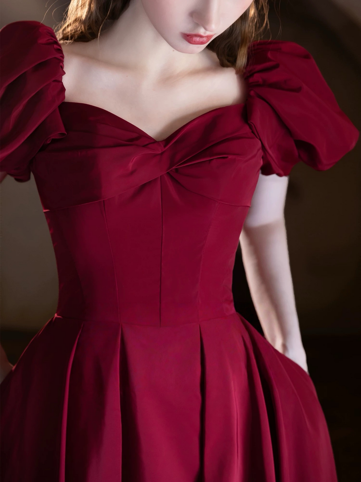 A-Line Puff Sleeves Satin Burgundy Long prom Dress, Burgundy Long Formal Dress