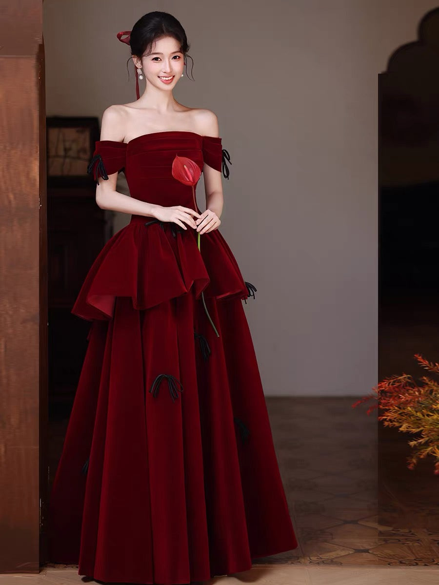 Off Shoulder A-Line Velvet Floor Length Burgundy Prom Dress