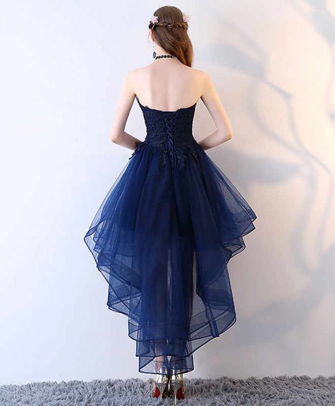 Dark Blue Tulle Short Prom Dress, High Low Homecoming Dresses